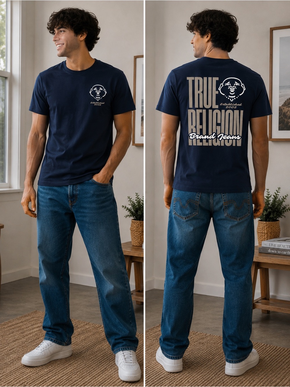 True Religion Navy Short Sleeve Tee with Cream Buddha Chest Graphic